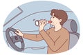 Irresponsible man drinks alcohol from bottle driving car risking lives of pedestrians. Vector image