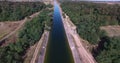 Irrigation canal. Aerial View. rrigation systems. Flying drone over an irrigation canal.