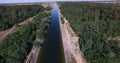 Irrigation canal. Aerial View. rrigation systems. Flying drone over an irrigation canal.