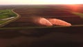 Aerial view:Irrigation system watering a farm field. Royalty Free Stock Photo