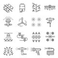 Irrigation farm equipment thin line icons set isolated on white. Sprinkler, plant watering system.