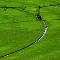 Irrigation Pivot in Lush Green Field with Circle Tracks on Ground