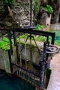 Irrigation sluice system with rusty shutoff wheel Royalty Free Stock Photo