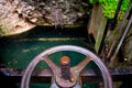 Irrigation sluice system with rusty shutoff wheel