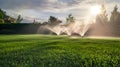 Irrigation sprinklers water lush grass, sunlight filters through fine mist, early morning care Royalty Free Stock Photo