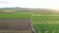 Irrigation system in a field. Sprinkler system. Aerial shot.