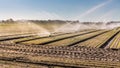 Irrigation system on a large farm field. Water sprinkler installation Royalty Free Stock Photo