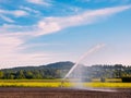 Irrigation system watering freshly seeded field Royalty Free Stock Photo