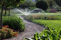 Irrigation systems such as drip irrigation, soaker hoses, and sprinkler placement based on plant types and water requirements