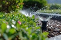 Irrigation systems such as drip irrigation, soaker hoses, and sprinkler placement based on plant types and water requirements Royalty Free Stock Photo