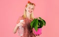 Irrigation. Watering concept. Woman with spray bottle spraying houseplants. Smiling Girl take care of flowers. Royalty Free Stock Photo