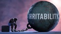 Irritability and an alienated suffering human. A metaphor showing Irritability as a huge prisoner's ball bringing pain a