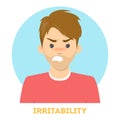 Irritability emotion. Angry irritated character, facial expression