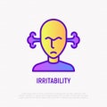 Irritability thin line icon: man is angry and steam is coming out from his ears. Modern vector illustration of annoyed person