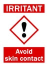 Irritant, avoid skin contact. Hazard rhombus sign with eclamation point and text