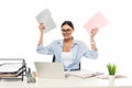 irritated businesswoman holding folders while sitting