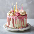 Ãâirthday cake pink with five candles and colorful sprinkles closeup view. Kids birthday party