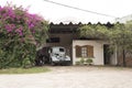 Irurtia vineyards: old Bedford truck, construction and flowered bougainvillea