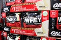 Optimum whey protein bags at store