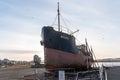 Irvine Harbour North Ayrshire Scotland and the old Museum where the old Puffer Boat KYLES is presently on dry land where it can be