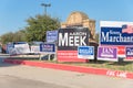 Yard signs at residential street for primary election day in Dallas county, USA