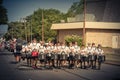 Team of high school drummers on street at Independence Day celebration Royalty Free Stock Photo