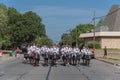 Team of high school drummers on street at Independence Day celebration Royalty Free Stock Photo