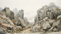 Ethereal Rocky Landscape Painting With Waterfall - Tran Nguyen Inspired