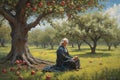 Isaac Newton the famous scientist sit under apple tree