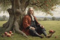 Isaac Newton the famous scientist sit under apple tree