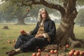 Isaac Newton the famous scientist sit under apple tree