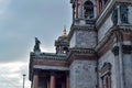 Isaac`s Cathedral Historic building is in style of classicism. Bell towers. Facade, exterior with green sculpture, statues