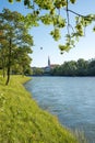 Isar river, Bad Tolz at springtime. upper bavarian tourist resort