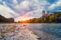 Isar river, park and St Maximilian church from Reichenbach Bridge. Munchen, Bavaria, Germany.