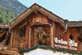 ISCHGL, TYROL, AUSTRIA - AUGUST 26, 2019: Trofana Alm with iconic bear in Ischgl, Paznaun Valley in Tyrol.