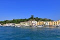 Ischia port cityscape, harbor with boats