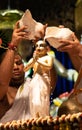 ISCKON tample, Mayapur, West Bengal, India - March 12, 2020. beautiful Indian Vaishnava Deity worship ritual in a temple called