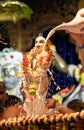 ISCKON tample, Mayapur, West Bengal, India - March 12, 2020. beautiful Indian Vaishnava Deity worship ritual in a temple called