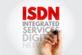 ISDN Integrated Services Digital Network text with a hand holding marker, symbolizing telecommunication, digital communication, Royalty Free Stock Photo