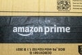 Iserlohn Germany October 26 2025 Amazon Prime logo on cardboard shipping box close up view Royalty Free Stock Photo