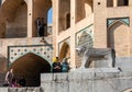 One of two stone lions at historic Khaju Bridge (Pol-e Khajoo) on Zayanderud River in Isfahan