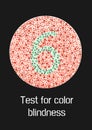 Ishihara test for color blindness. Color blind test. Green number 6 for colorblind people. Vector illustration.