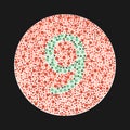 Ishihara test for color blindness. Color blind test. Green number 9 for colorblind people. Vector illustration.