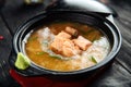 Ishikari miso soup with salmon in a black bowl Royalty Free Stock Photo