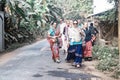 ISKCON Mayapur, West Bengal, India - Dec 15, 2019. international group of pilgrims in national Vaishnava clothes saris