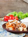 Iskender kebab - traditional turkish food Royalty Free Stock Photo