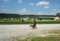 Police dog handler with a shepherd dog at the military training ground