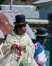 An unidentified bolivian woman dance wearing typical costumes in the Isla del Sol, Bolivia Royalty Free Stock Photo