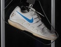 Roger Federer`s autographed tennis shoes on display at the Rafa Nadal Museum