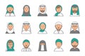 Islam linear avatars. Arabian muslim saudi male and female vector faces for web profile